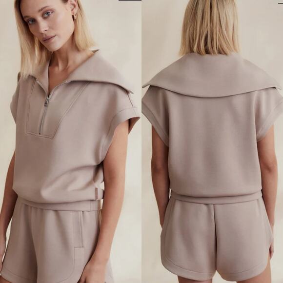 Varley Dexter Half Zip Sweat Top Taupe Neutral Athleisure Cape Collar Medium - Picture 2 of 16